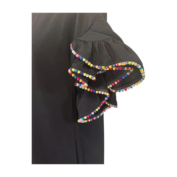 Very J Black Ruffle Sleeve Dress M Pom Pom Trim Shift Party Boho Fiesta Fun - Picture 3 of 4